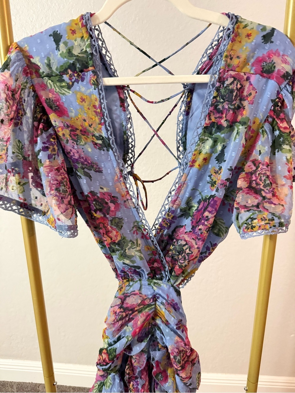 NWT Boohoo Petite Floral Dobby Mesh Cut Out Maxi Dress Blue US 10 - Picture 4 of 10